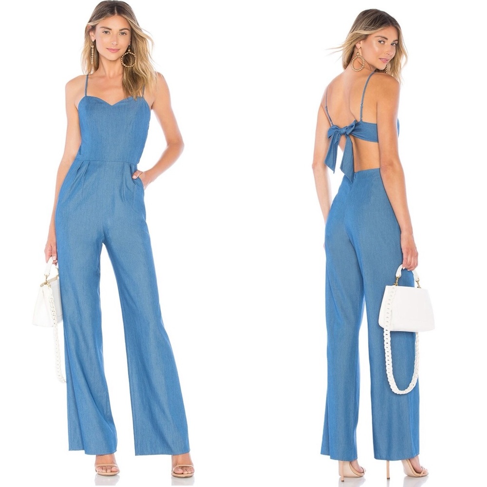 Lovers + Friends Blue Chambray Open Back Wide Leg Gardenia Jumpsuit Size XS